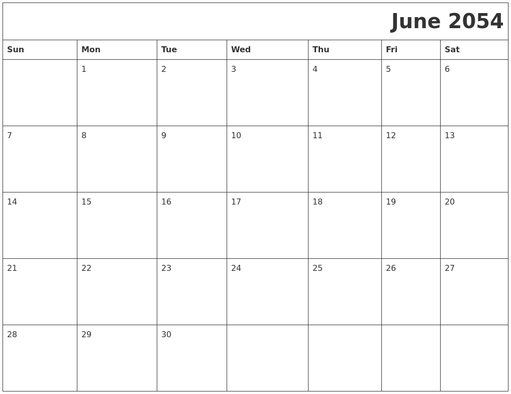 June 2054 Printable Calender