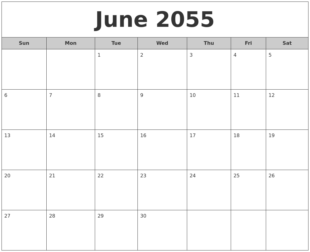 June 2055 Free Monthly Calendar