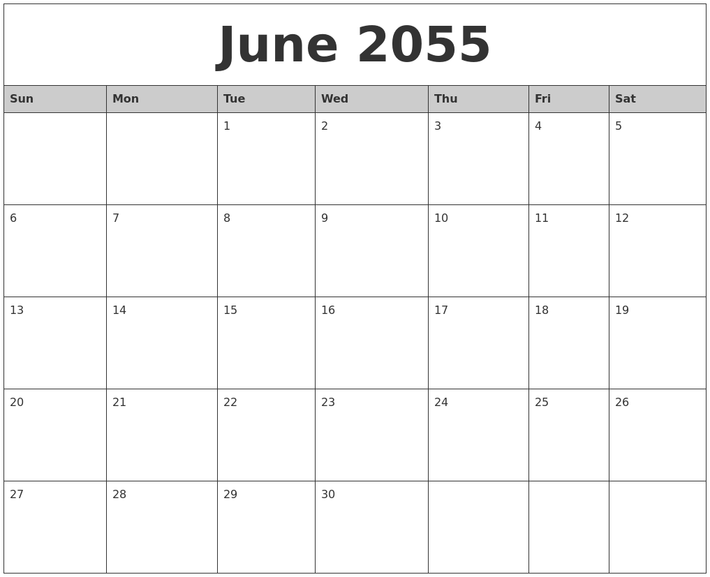 June 2055 Monthly Calendar Printable