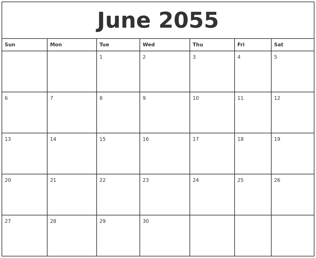 June 2055 Printable Monthly Calendar