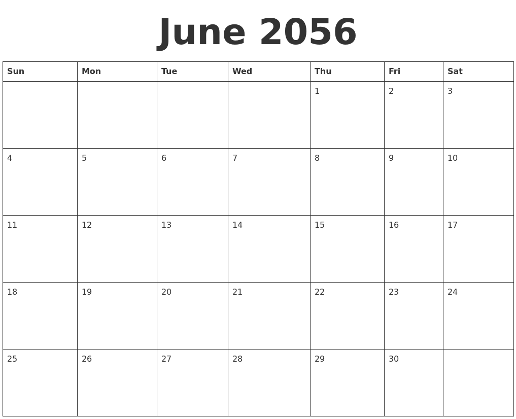 June 2056 Blank Calendar Template