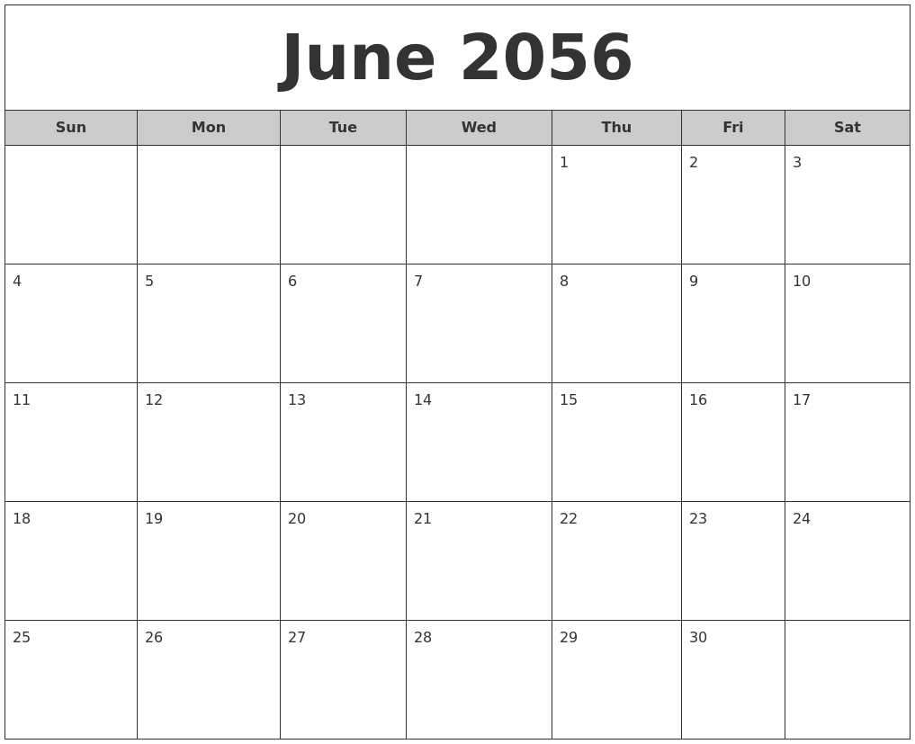 June 2056 Free Monthly Calendar