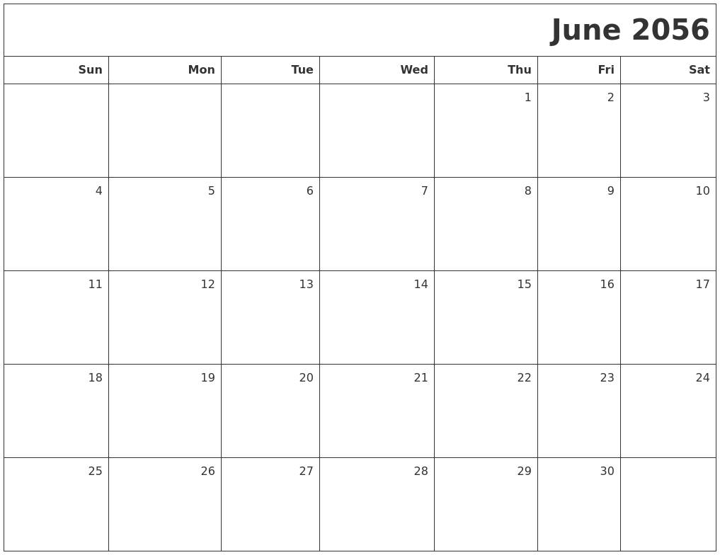June 2056 Printable Blank Calendar