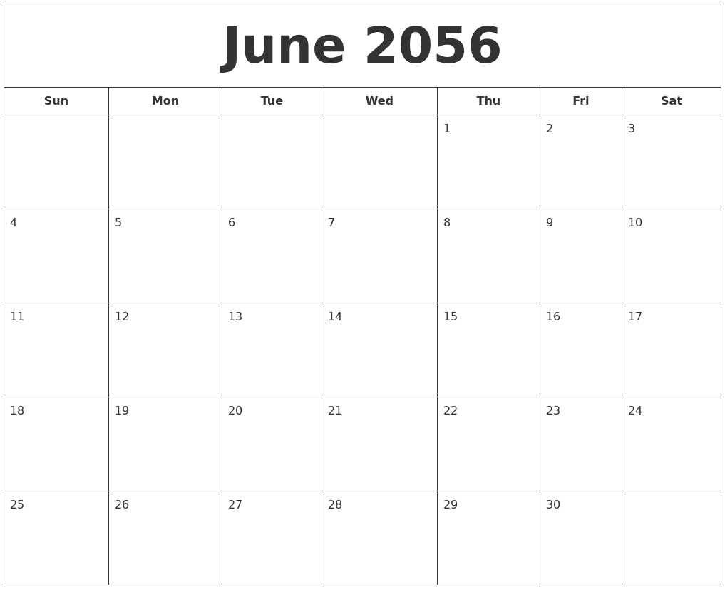 June 2056 Printable Calendar