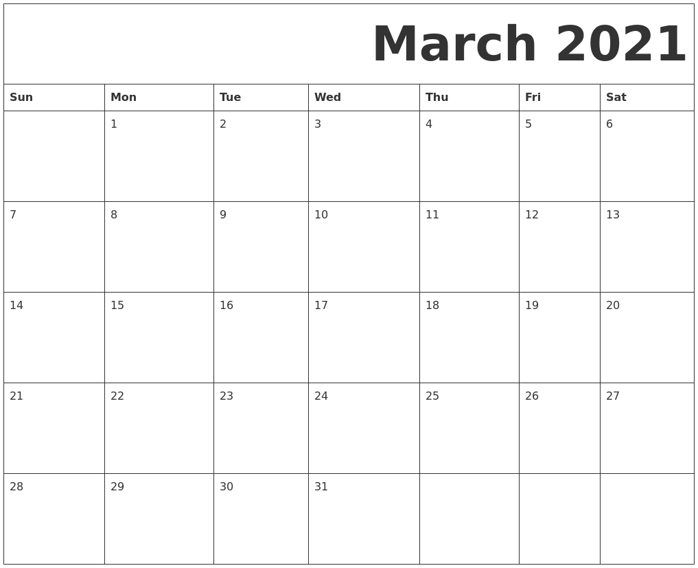 March 2021 Free Printable Calendar