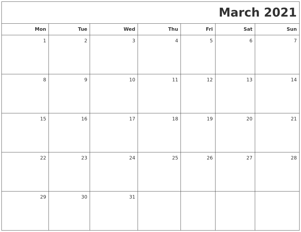 March 2021 Printable Blank Calendar