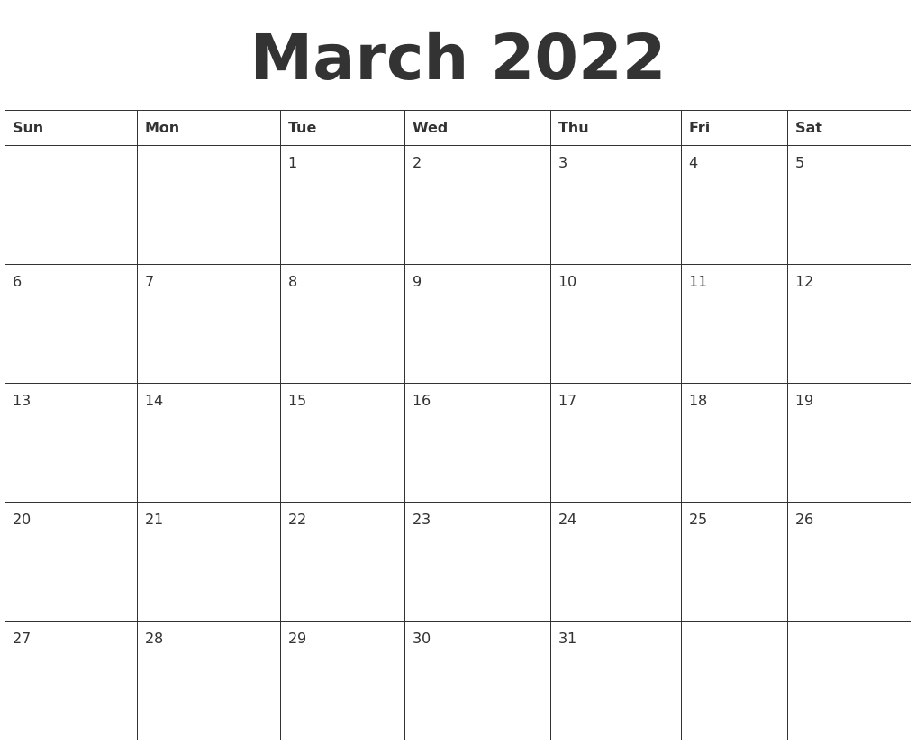 March 2022 Calendar Printable Free