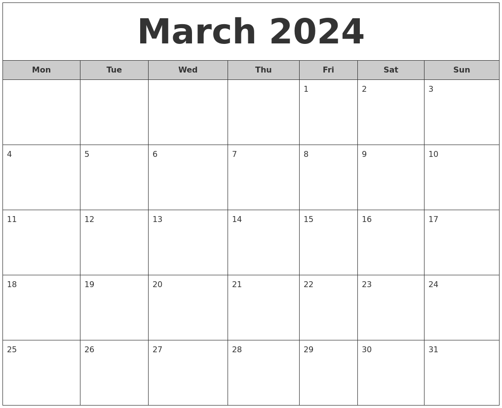 March 2024 Free Monthly Calendar