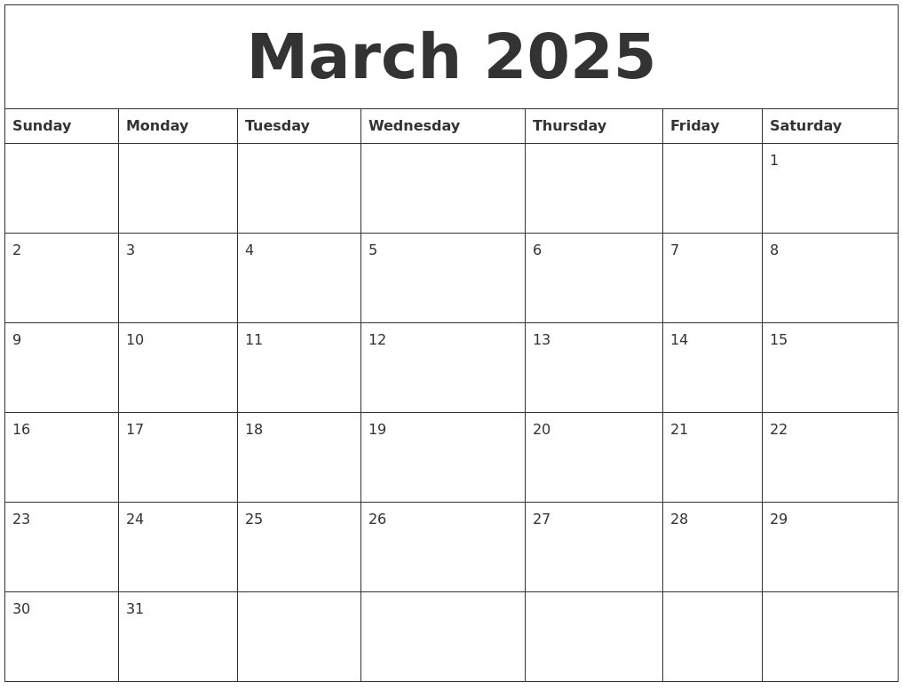 March 2025 Blank Monthly Calendar Pdf