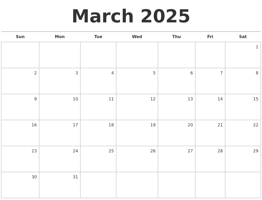 March 2025 Blank Monthly Calendar