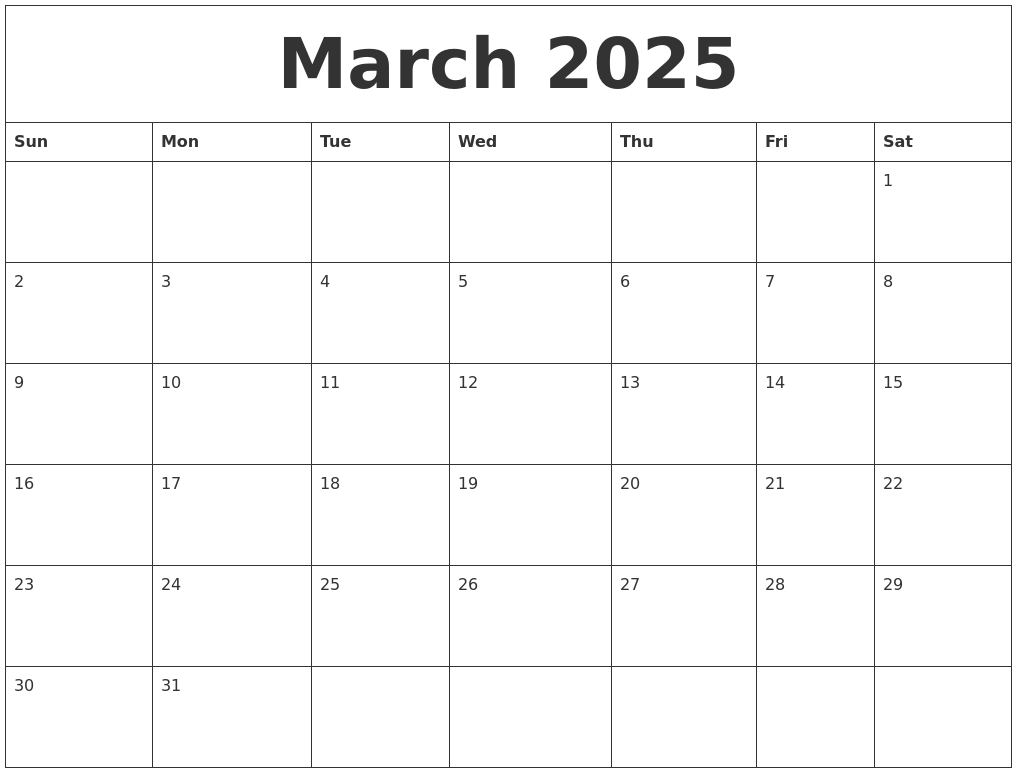 2025 Blank Calendar March 10th