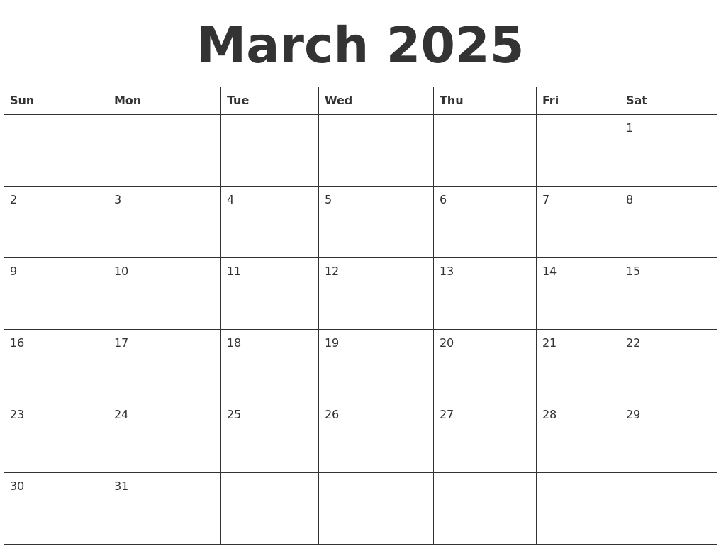 March 2025 Month Calendar Template