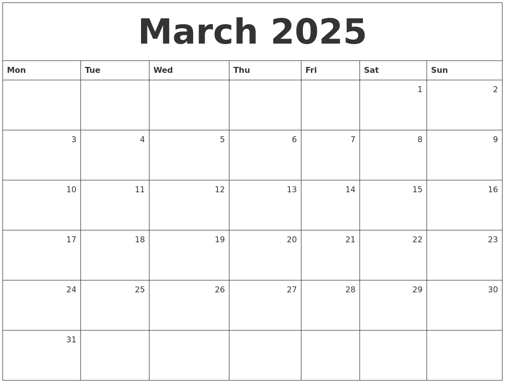 March 2025 Monthly Calendar