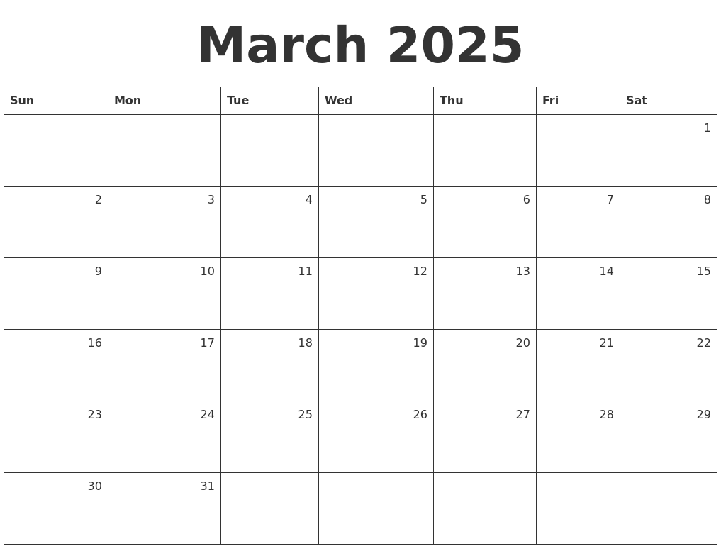 March 2025 Monthly Calendar