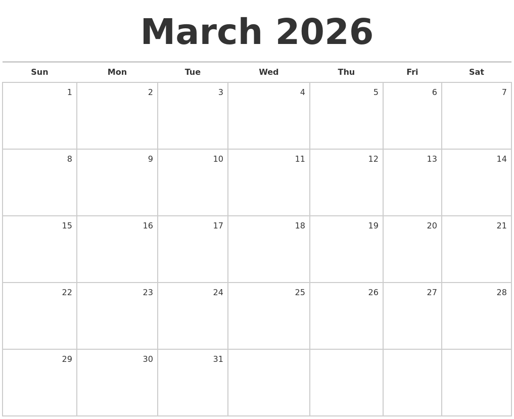 March 2026 Blank Monthly Calendar