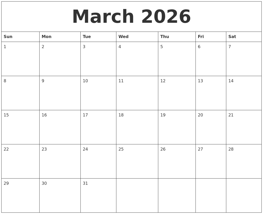 March 2026 Calendar For Printing