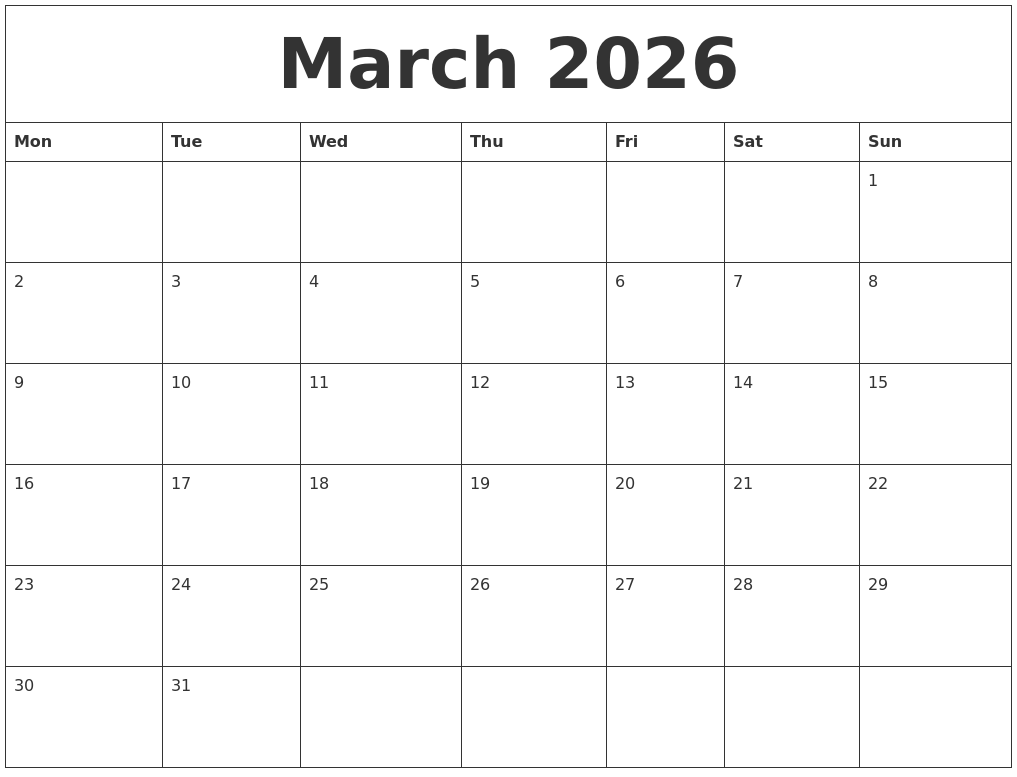 March 2026 Free Weekly Calendar