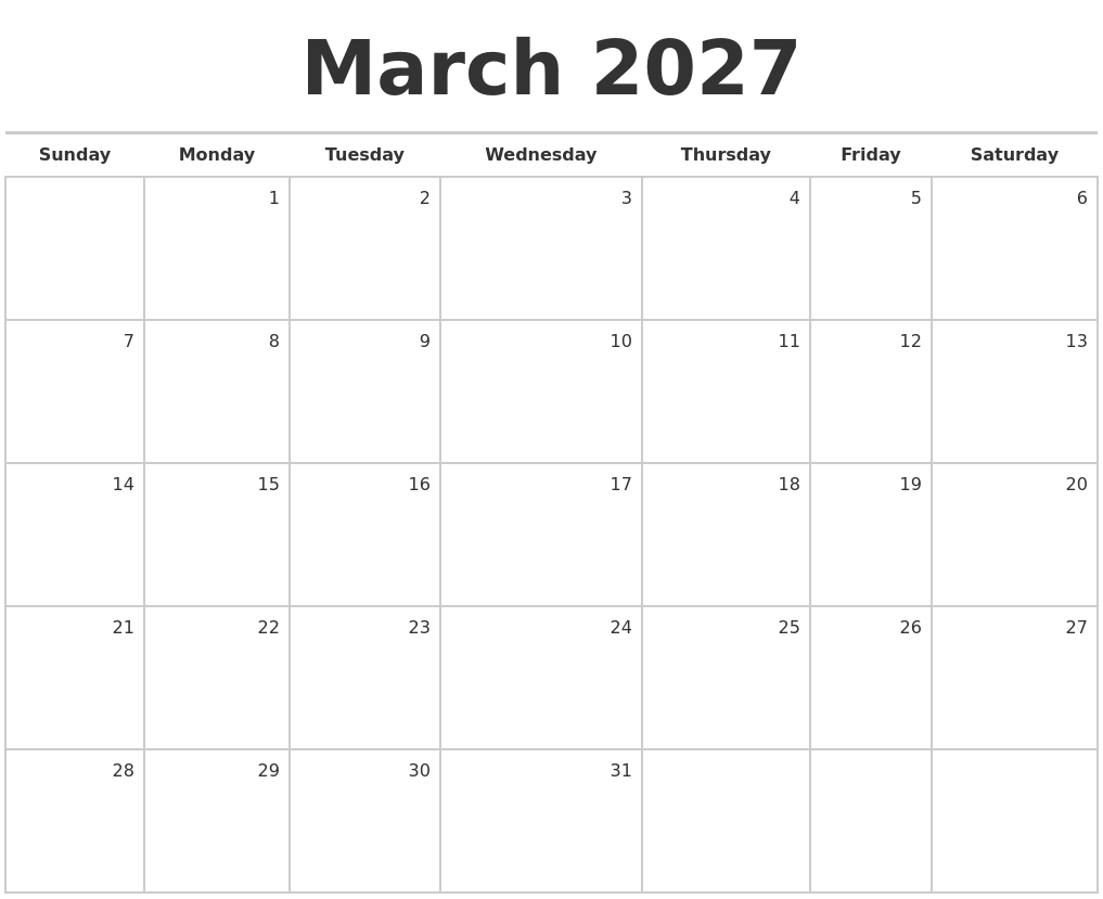 March 2027 Blank Monthly Calendar