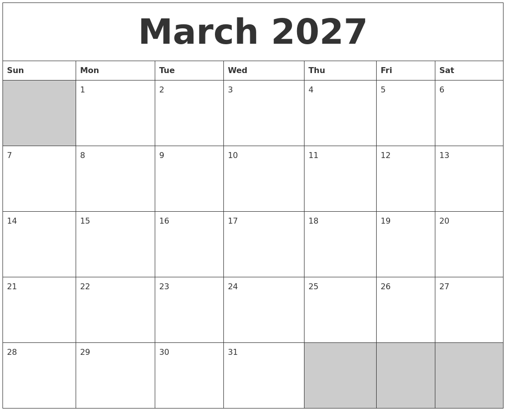 March 2027 Blank Printable Calendar
