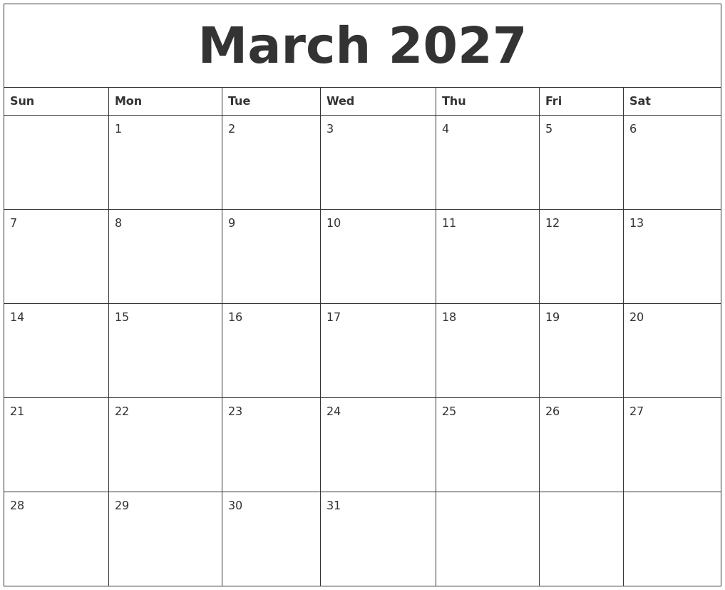 March 2027 Calendar Print Out