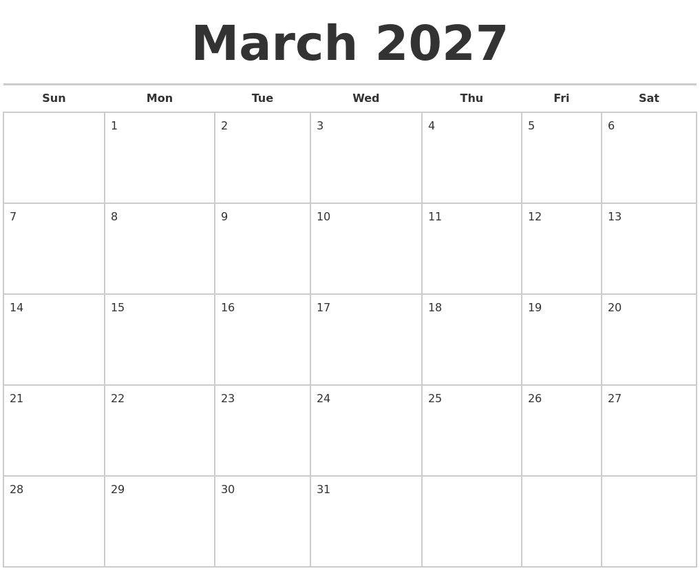 March 2027 Calendars Free