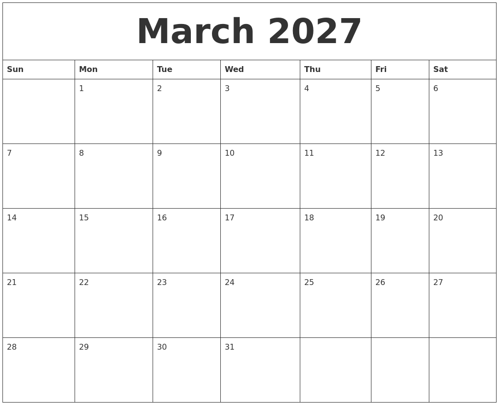 March 2027 Free Monthly Calendar Template