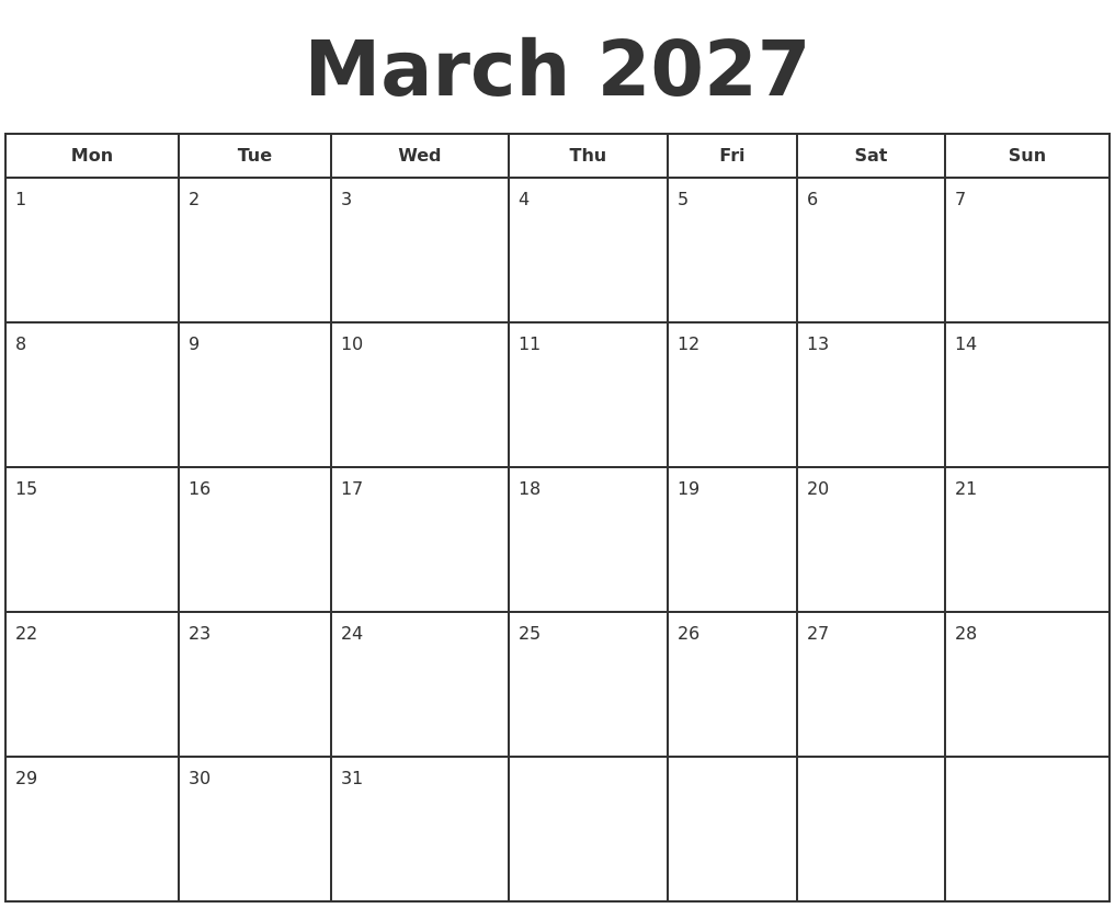 March 2027 Print A Calendar