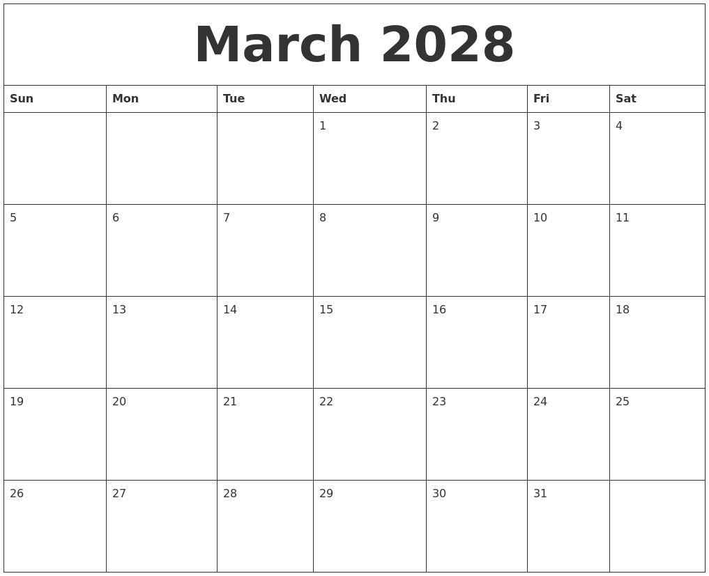 March 2028 Blank Calendar To Print