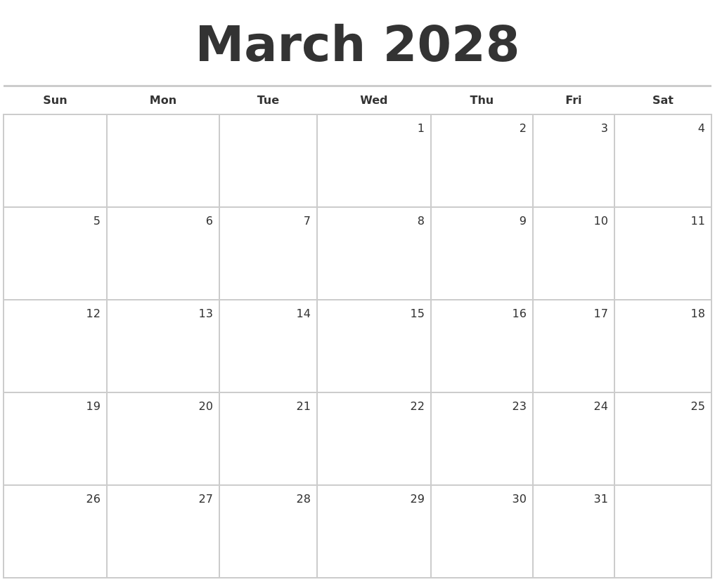 March 2028 Blank Monthly Calendar