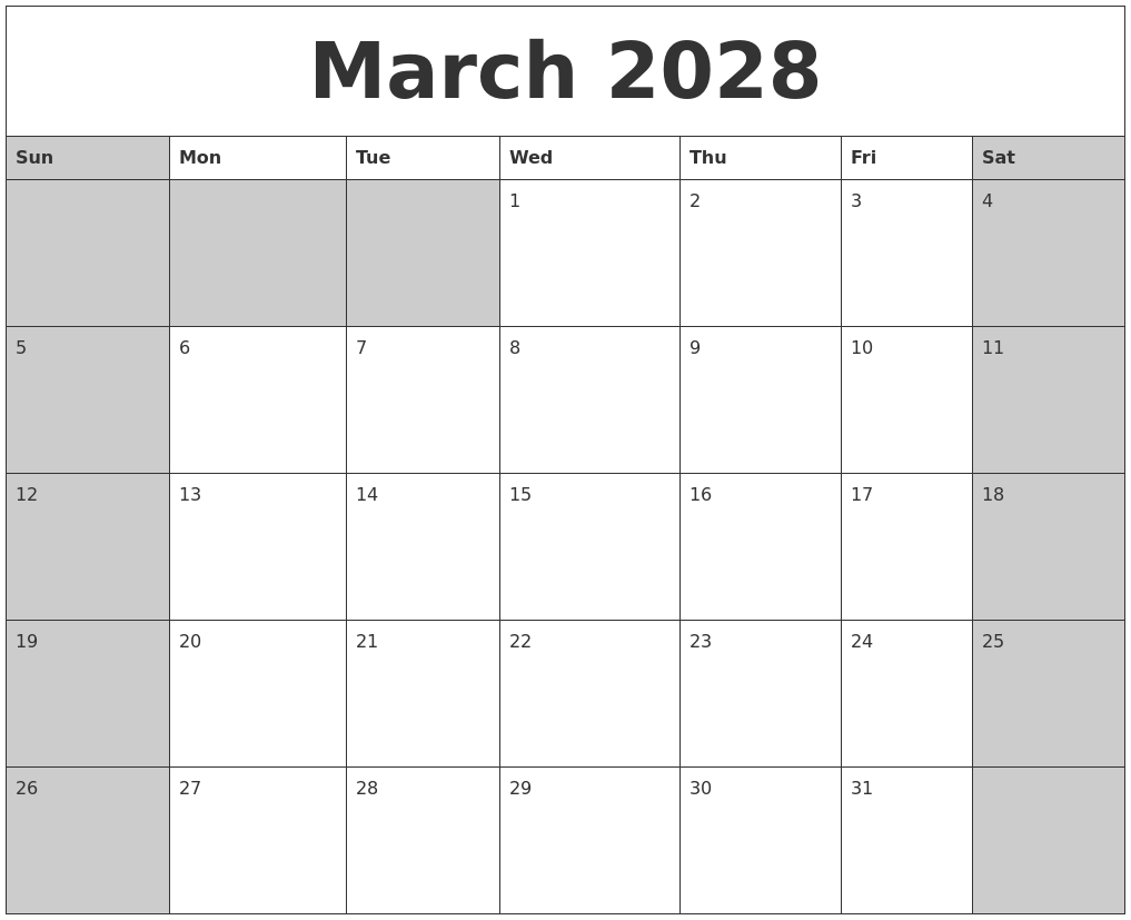March 2028 Calanders