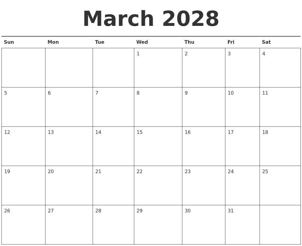 March 2028 Calendar Printable