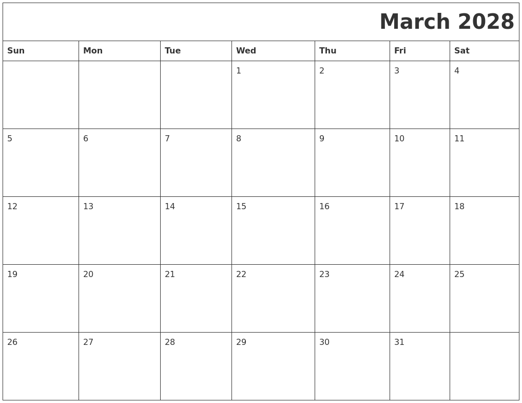March 2028 Download Calendar