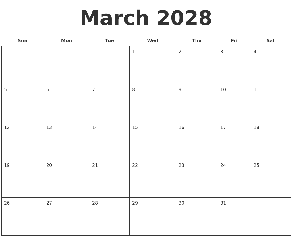 March 2028 Free Calendar Template