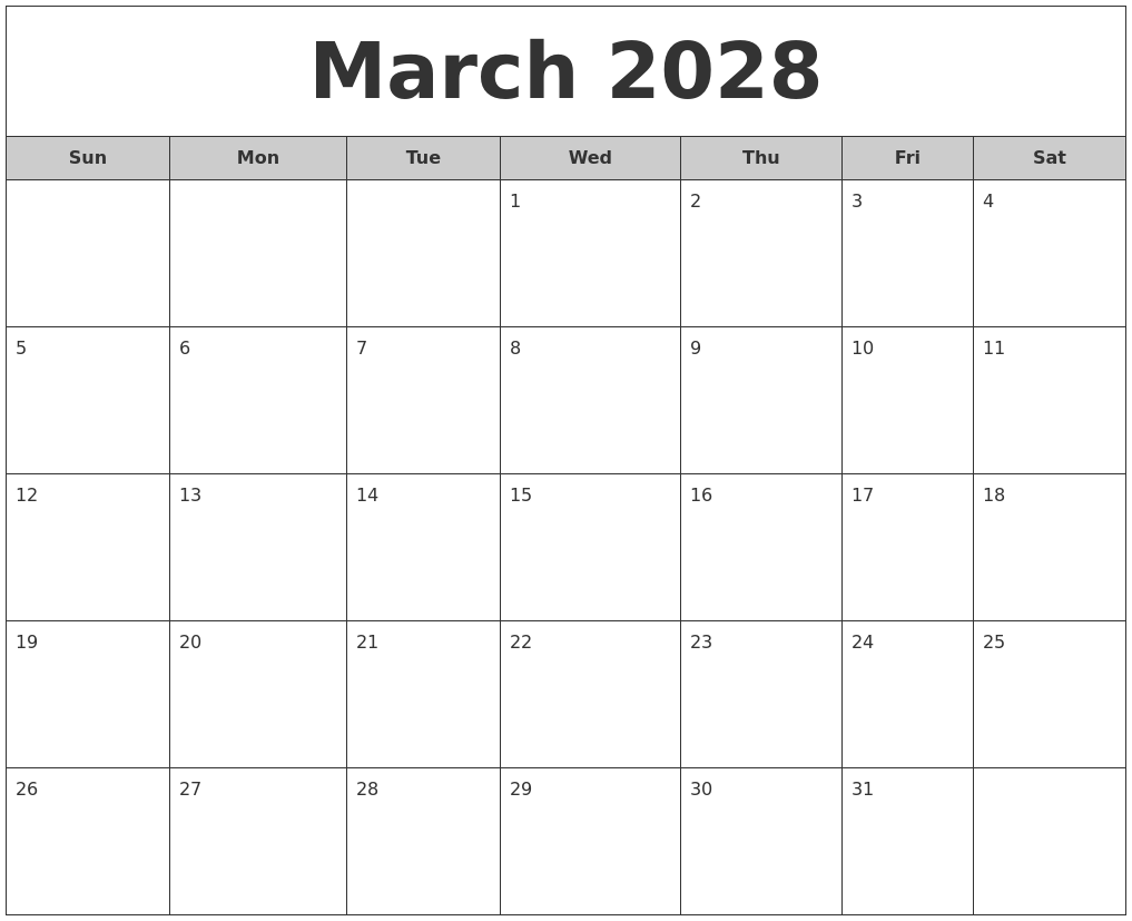 March 2028 Free Monthly Calendar