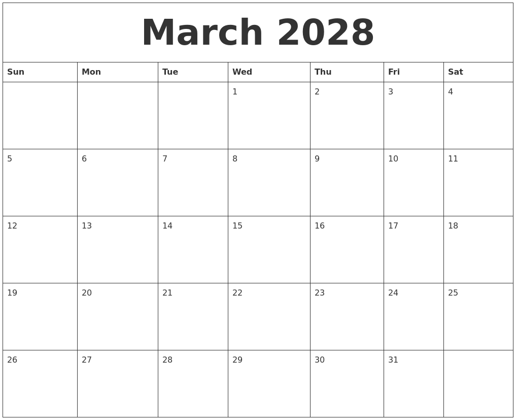 March 2028 Free Printable Monthly Calendar