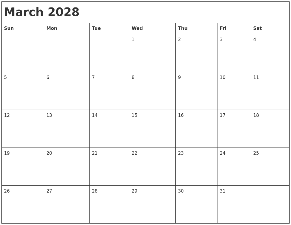 March 2028 Month Calendar