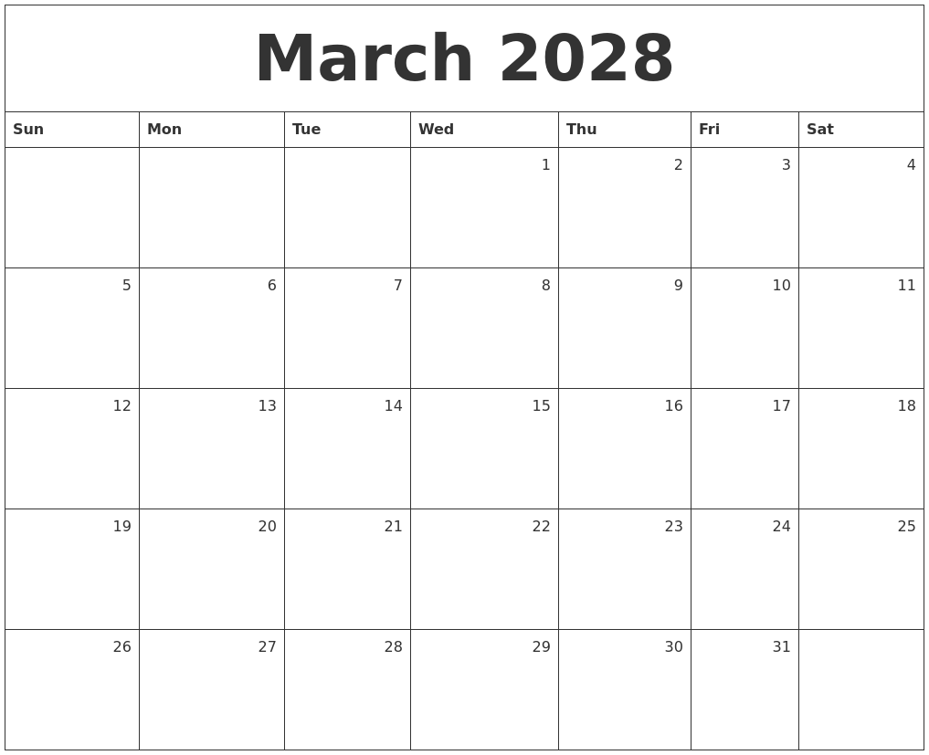 March 2028 Monthly Calendar
