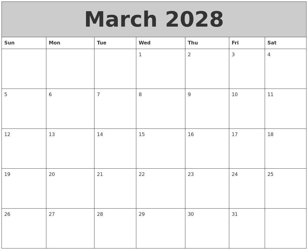 March 2028 My Calendar