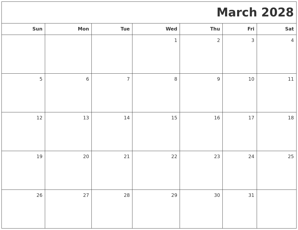 March 2028 Printable Blank Calendar
