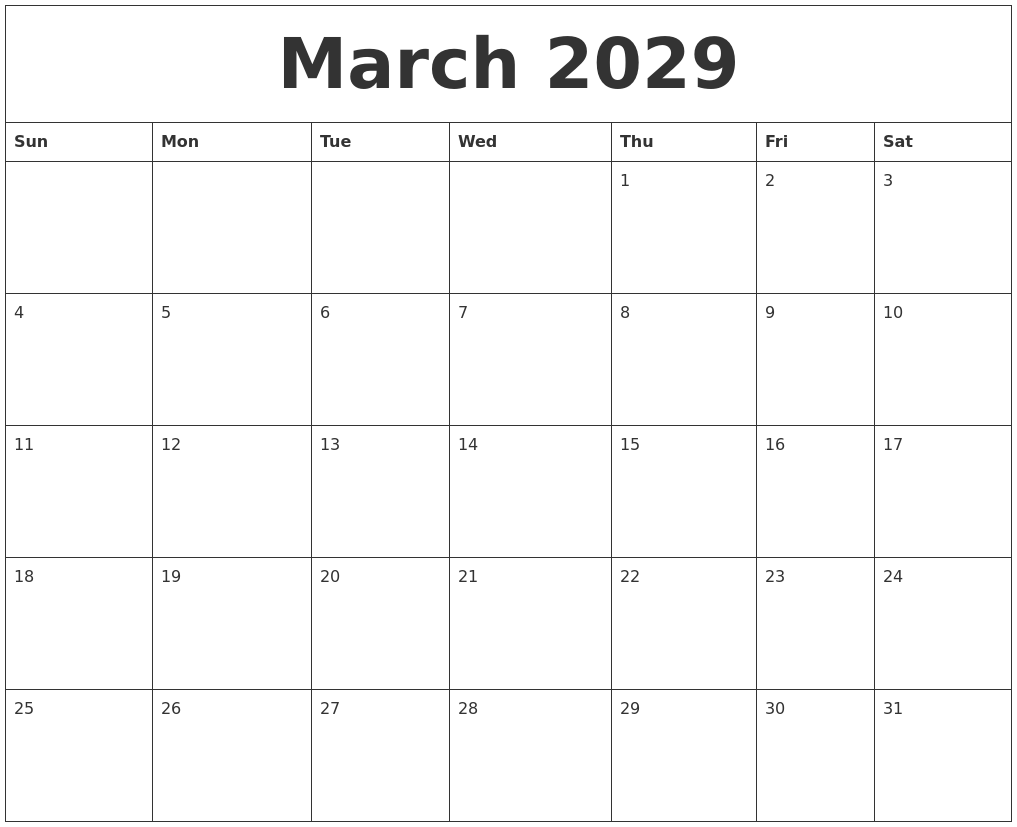 March 2029 Birthday Calendar Template