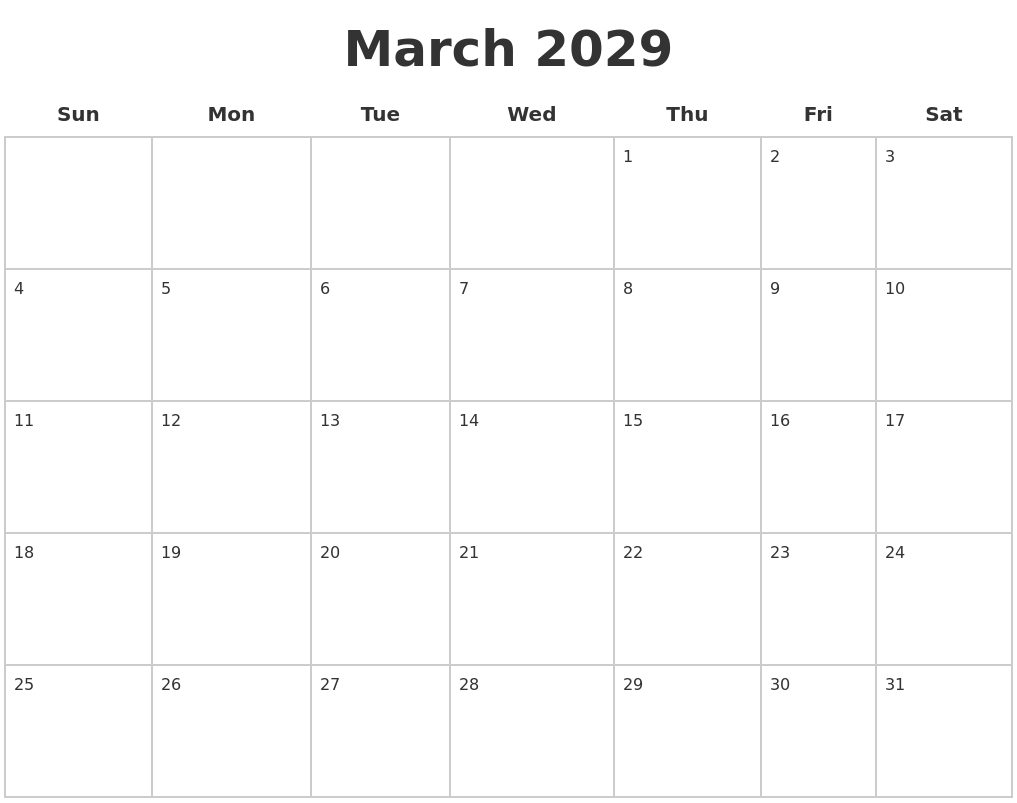 March 2029 Blank Calendar Pages
