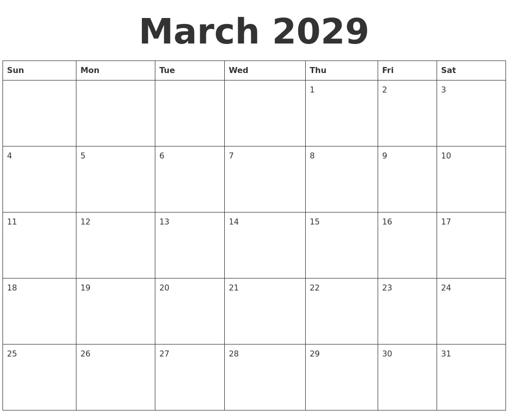 March 2029 Blank Calendar Template