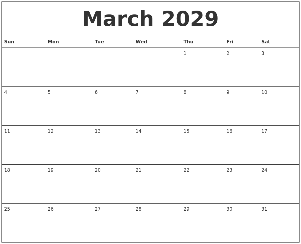 March 2029 Blank Monthly Calendar Template