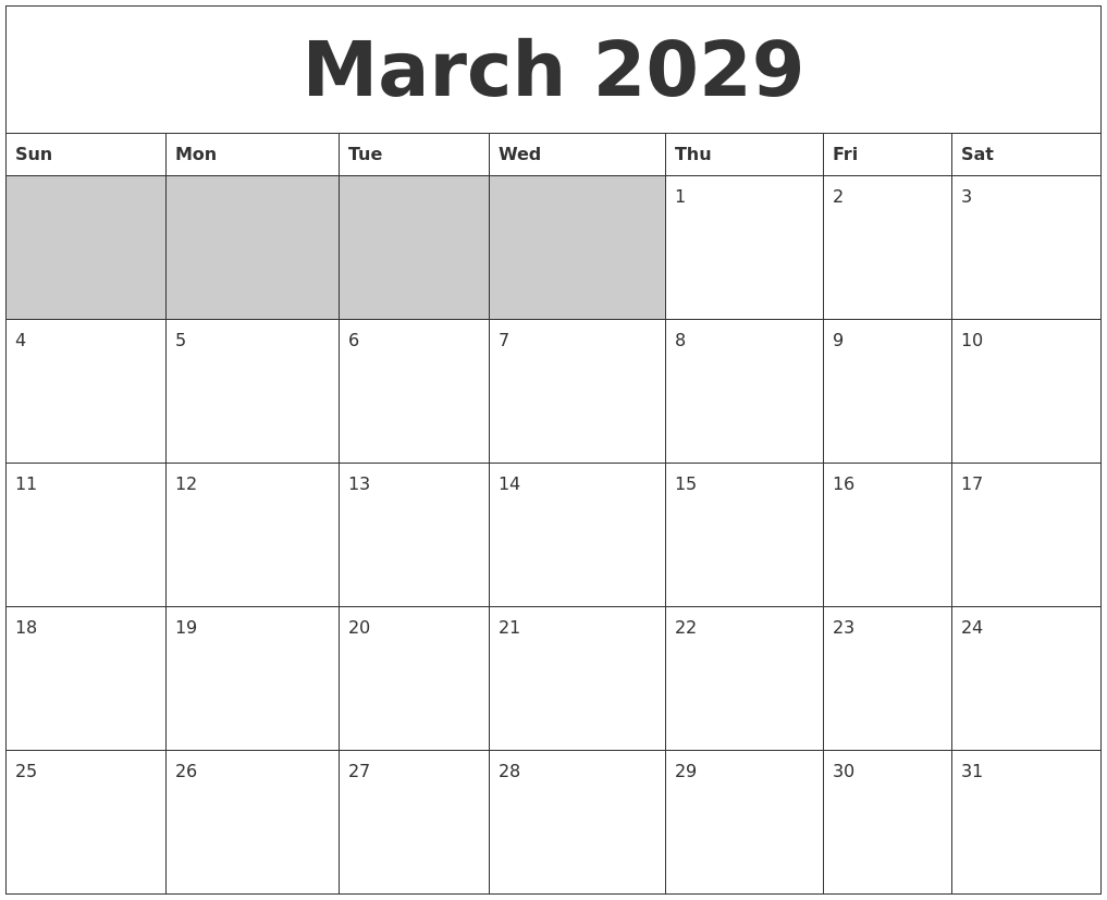 March 2029 Blank Printable Calendar