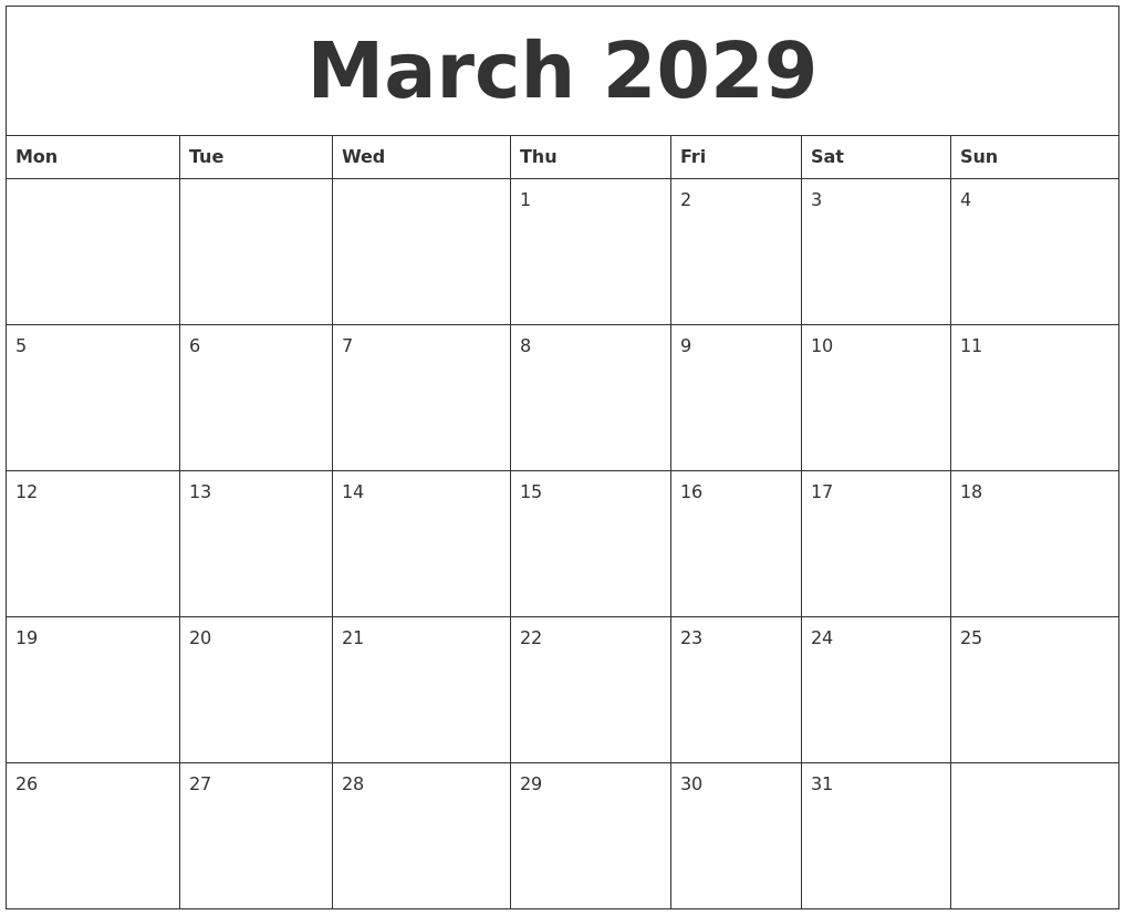 March 2029 Calendar For Printing