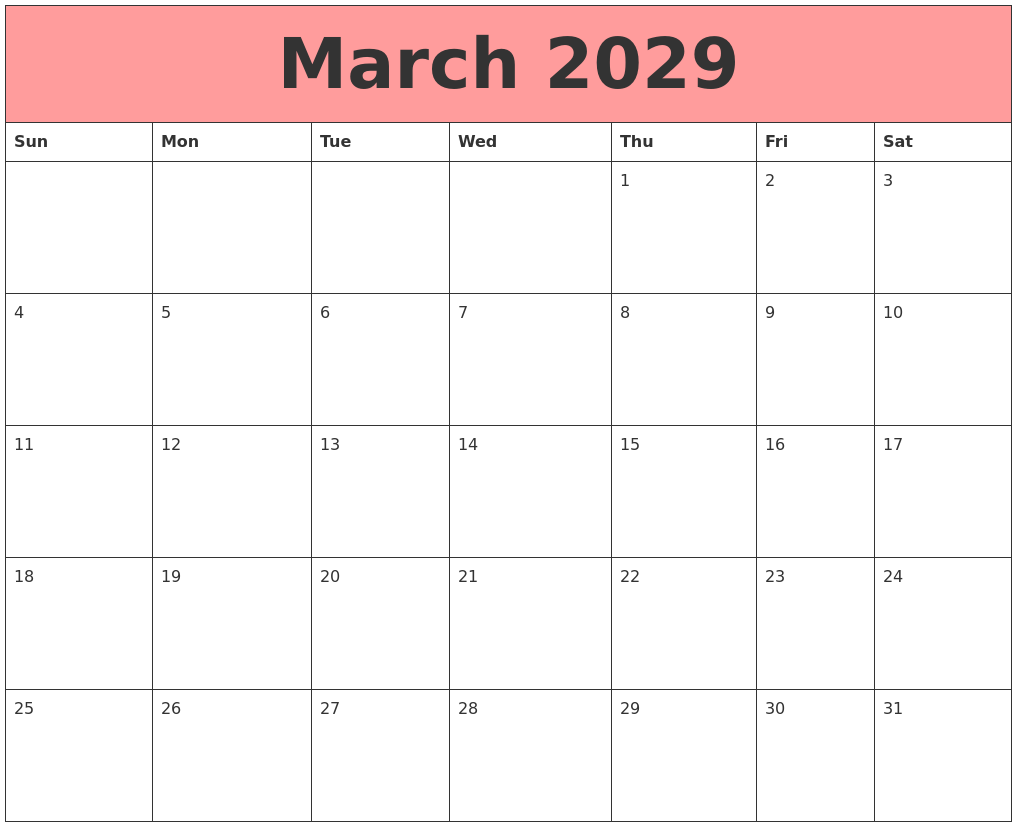 March 2029 Calendars That Work