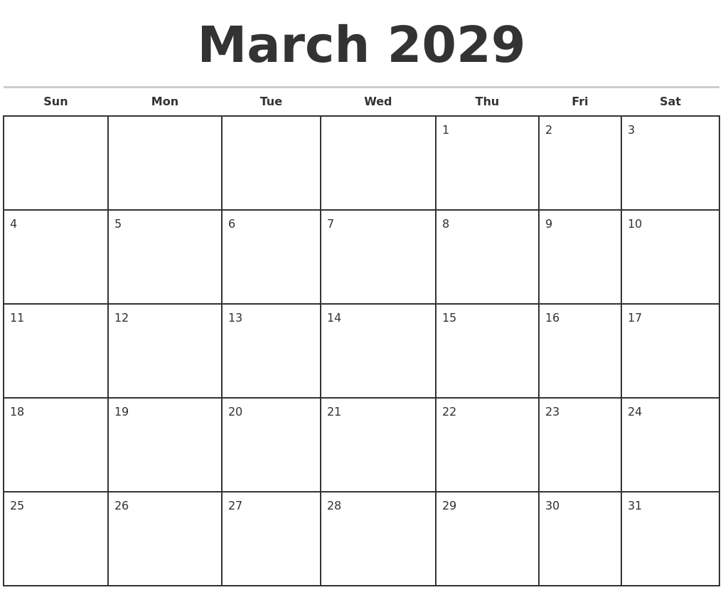 March 2029 Monthly Calendar Template