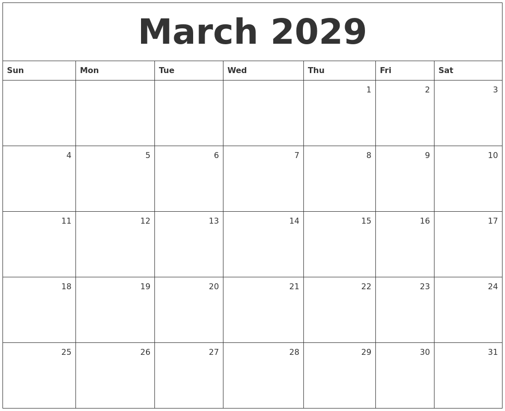 March 2029 Monthly Calendar