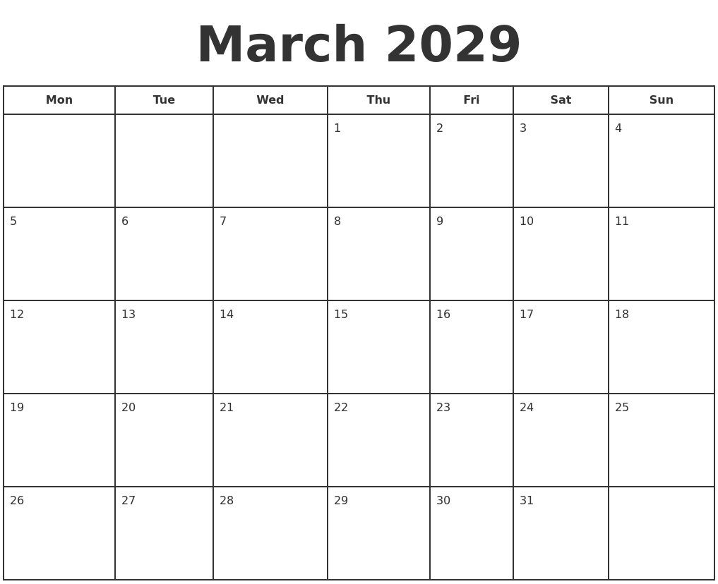 March 2029 Print A Calendar