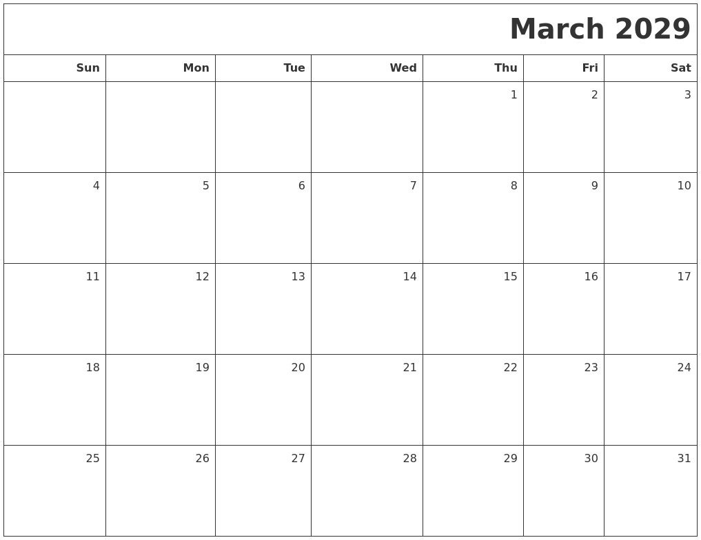 March 2029 Printable Blank Calendar